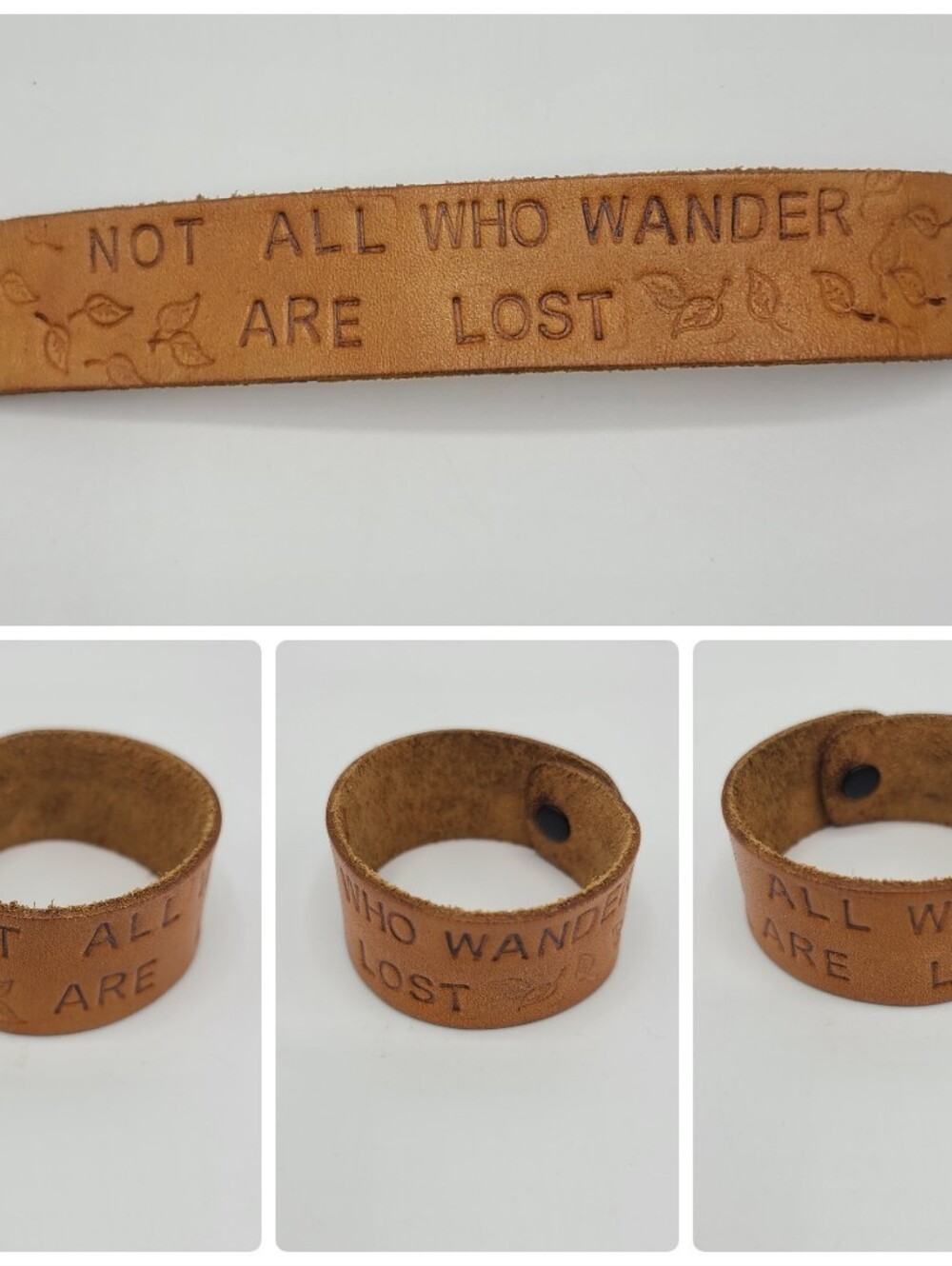 Tooled Leather Cuff Bracelet Not All Who Wander Are Lost Tan Leather 7"